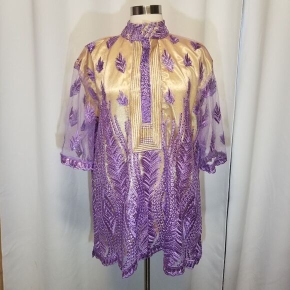 Vintage Handmade African Dishaki Shirt  Embroidered Lavender Floral Authentic M - Picture 7 of 9